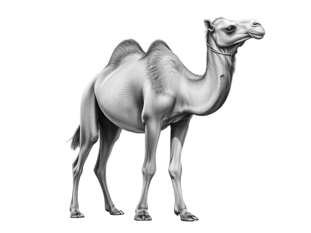 Regal Dromedary Camel Portrait in Charcoal Pencil Drawing