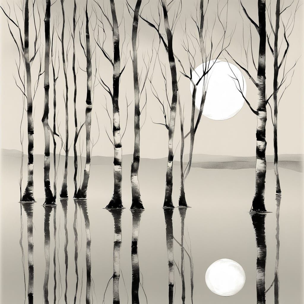 Serene Winter Birches in Soft Moonlit Reflections