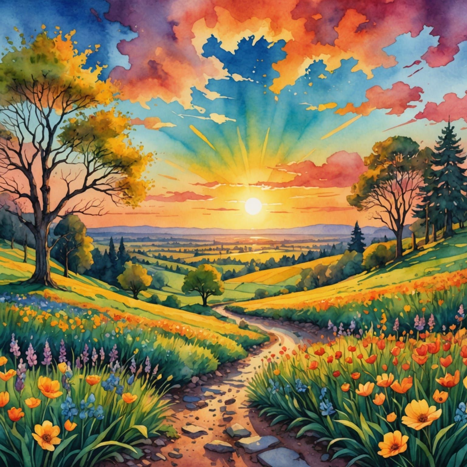 Spring Sunset Watercolor Illustration in Digital Art Style