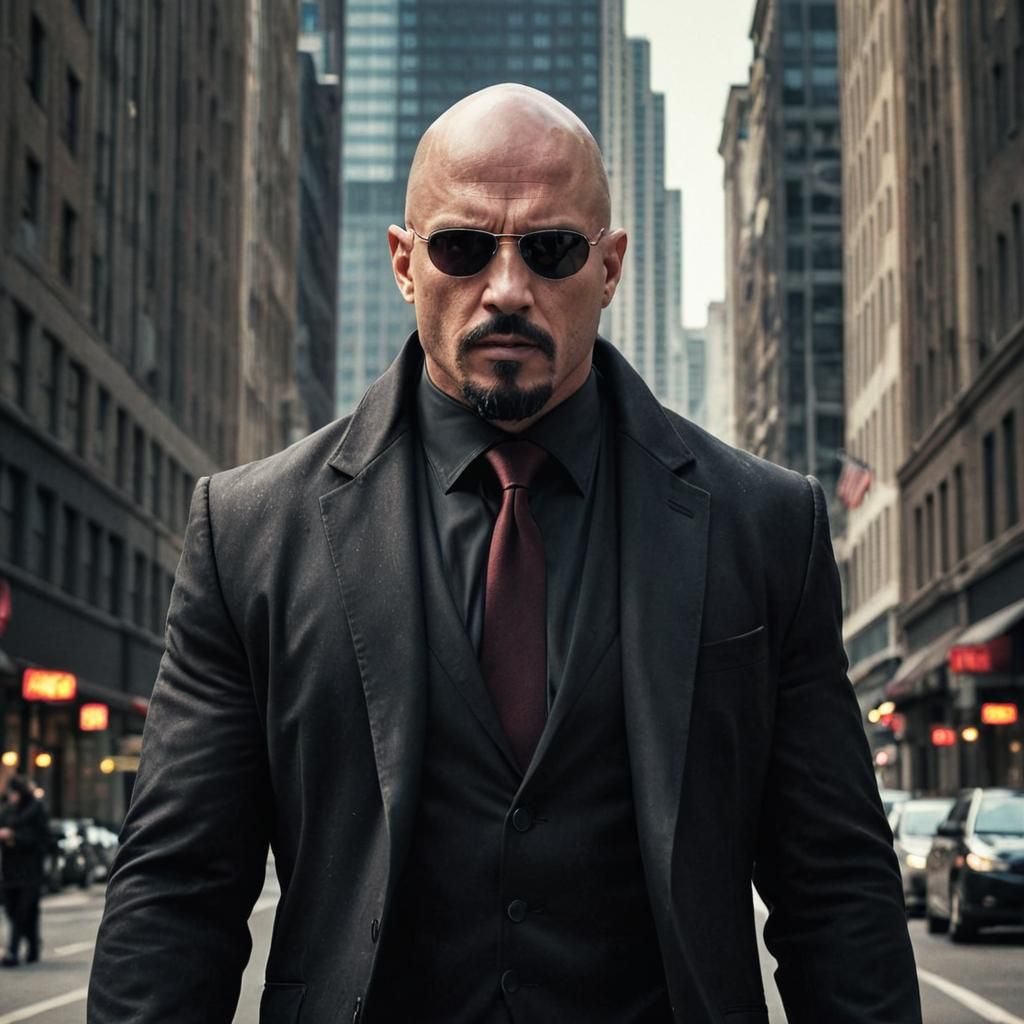 Muscular Bald Man in Black Suit, Cinematic Portrait