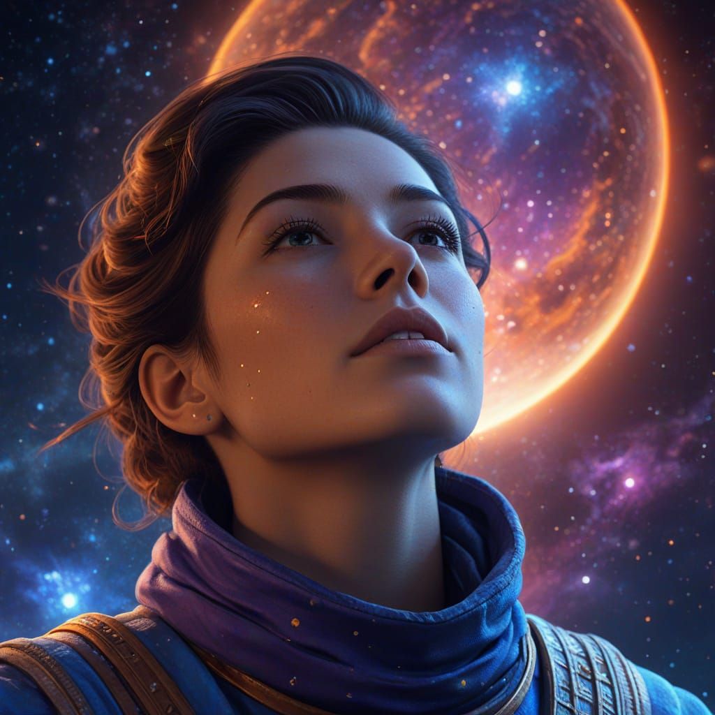 Woman Astronomer Gazing at Stars in Fantasy Art