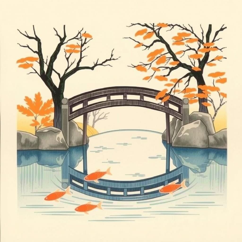 Tranquil Japanese Garden Bridge in Woodblock Style