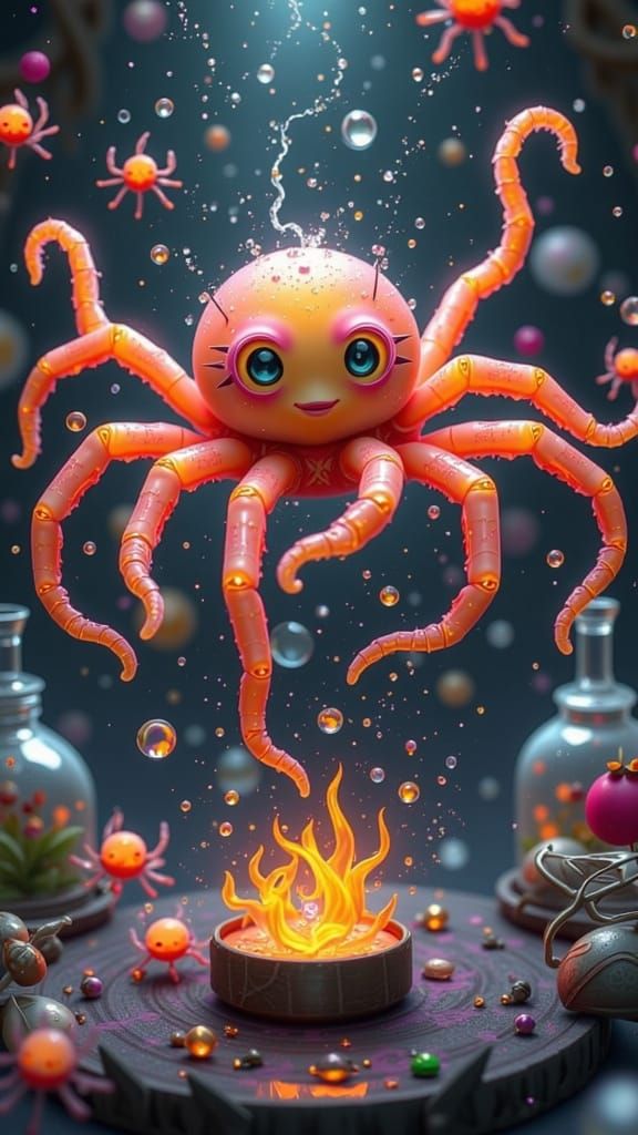 Whimsical Spider-Octopi Frolic in Mystical Lab