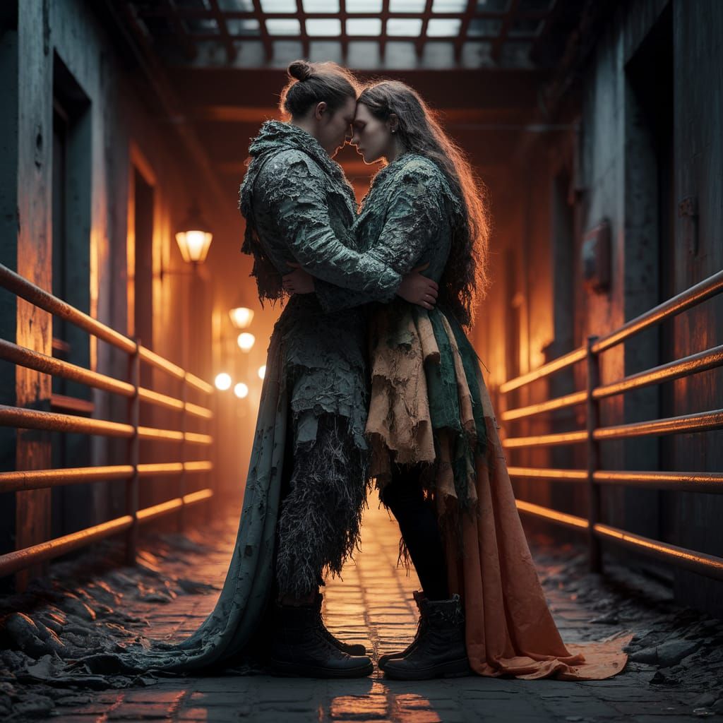 In a dimly lit, abandoned alleyway, two lovers entwine