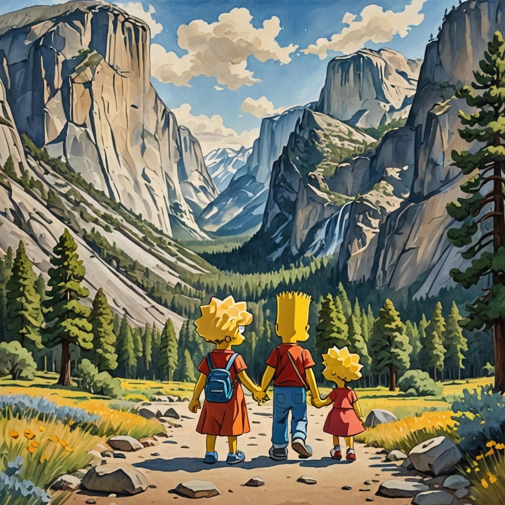 Bart and Lisa Simpson in Yosemite: Gouache-Style Painting