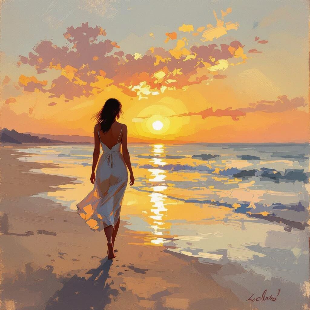 Woman on Beach in Impressionist Style