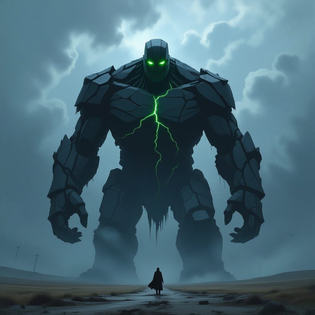 Obsidian Golem Guards Desolate Plain in Dark Fantasy Style