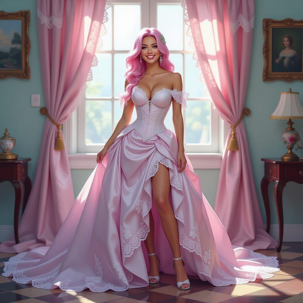 Pink Haired Woman in Lacy Gown, Street Art Style