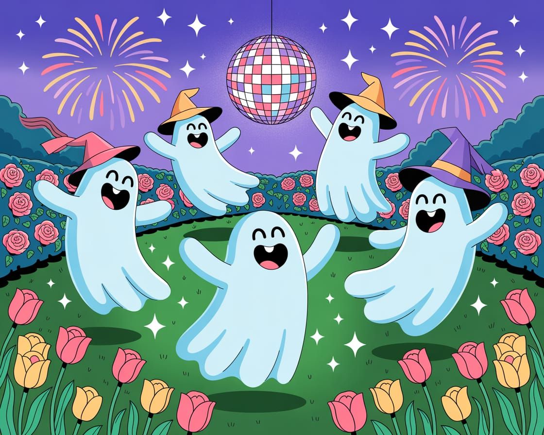 Playful Ghosts Dancing in Magical Garden