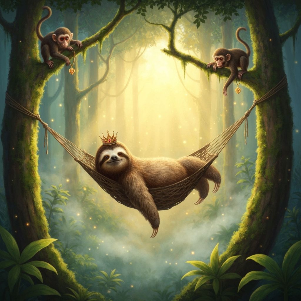 Lazy Sloth Queen in Rainforest Hammock with Monkey Attendant...
