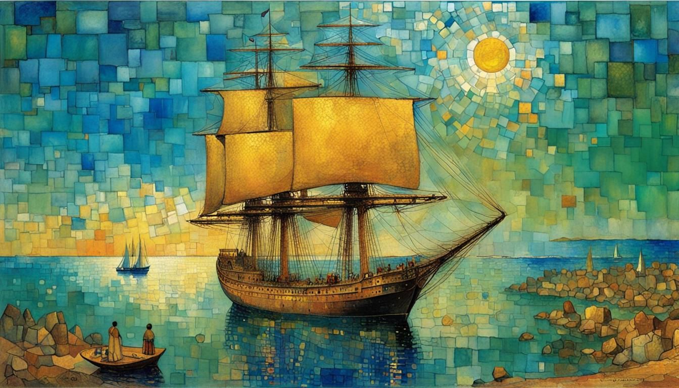 Sailing Ship at Port: Surreal Impasto Mosaic