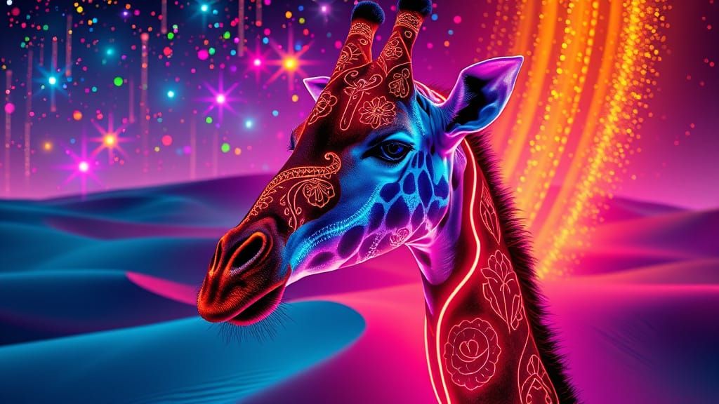 Neon Giraffe with Henna Patterns in Surreal Landscape