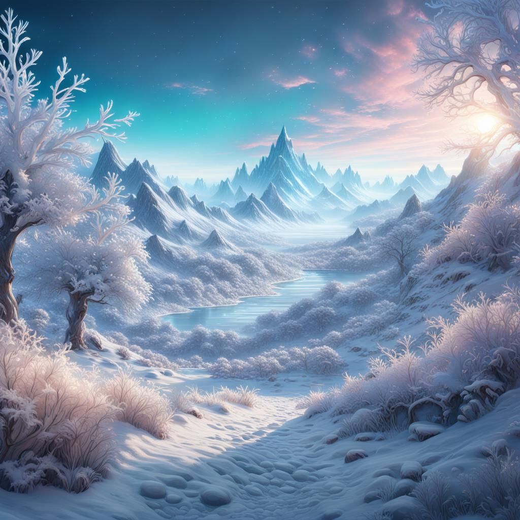 Magical Opalescent Landscape with Glittering Snowflakes