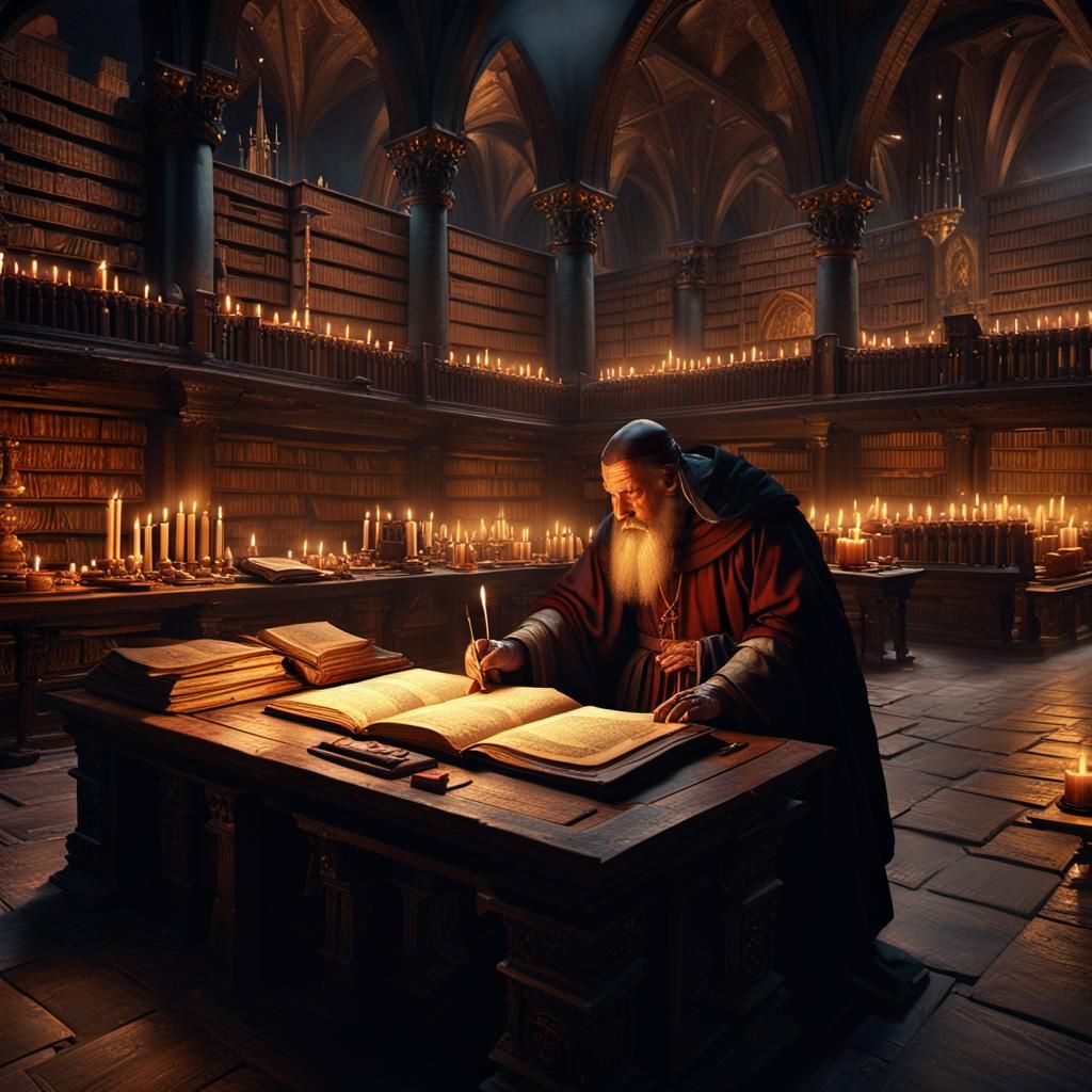monks meticulously transcribing ancient texts by candlelight in a medieval scriptorium, amidst towering bookshelves and ...