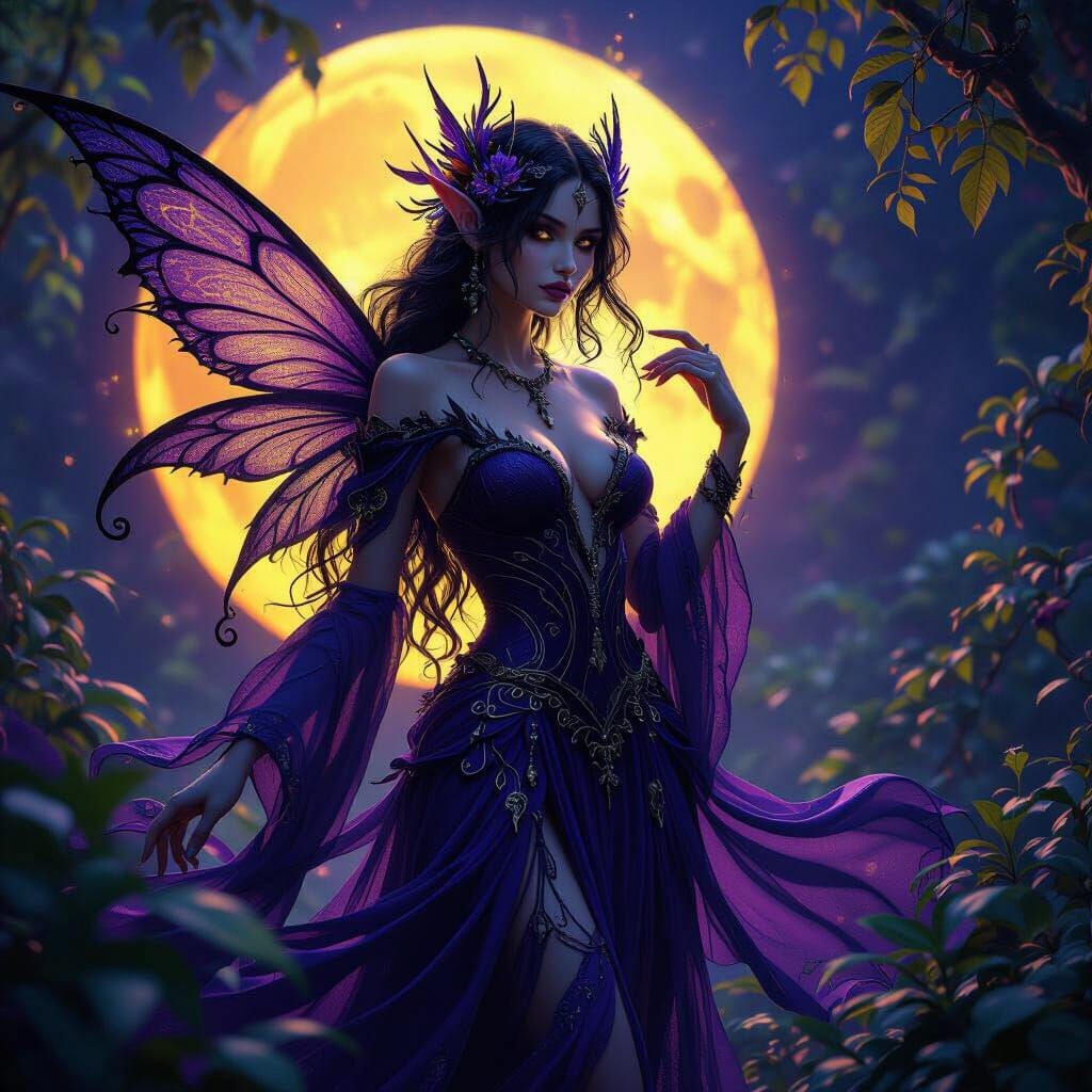 Mystic Faerie Nymph in Moonlight, Dark Fantasy Art