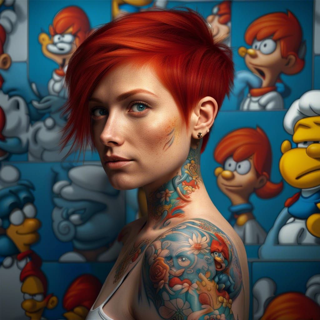 Hyperrealistic Redhead with Smurf and Simpson Tattoos