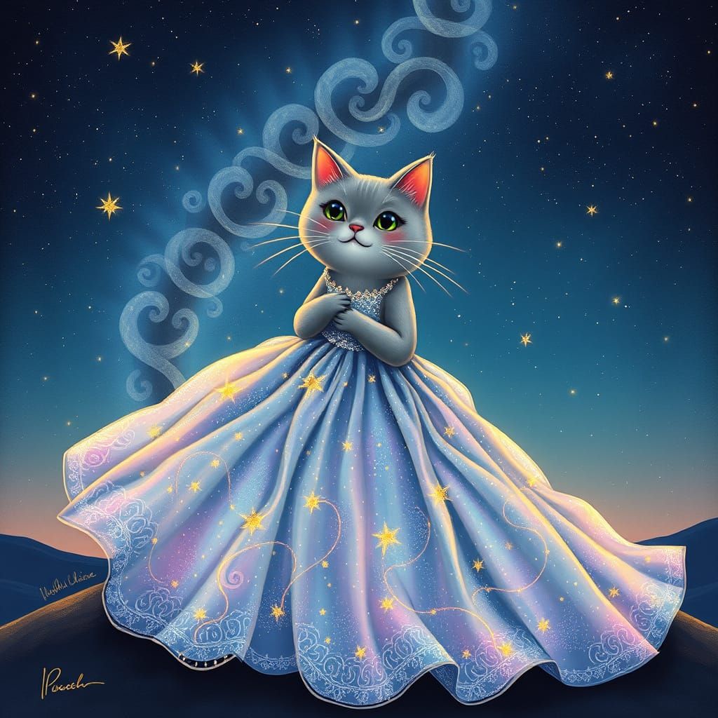Whimsical Celestial Cat in Ethereal Gown