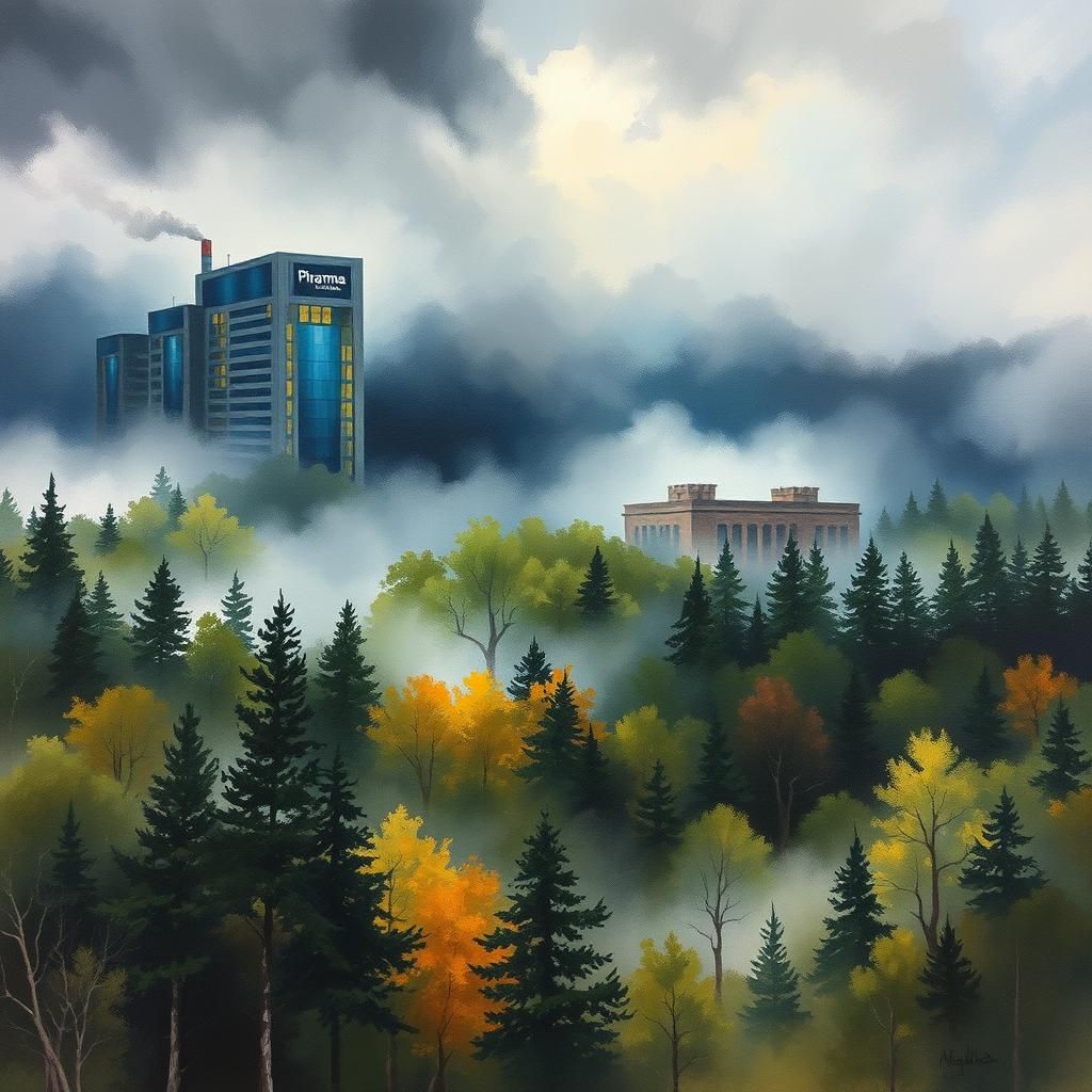 Corporate Buildings Overtake Forest in Watercolor Style