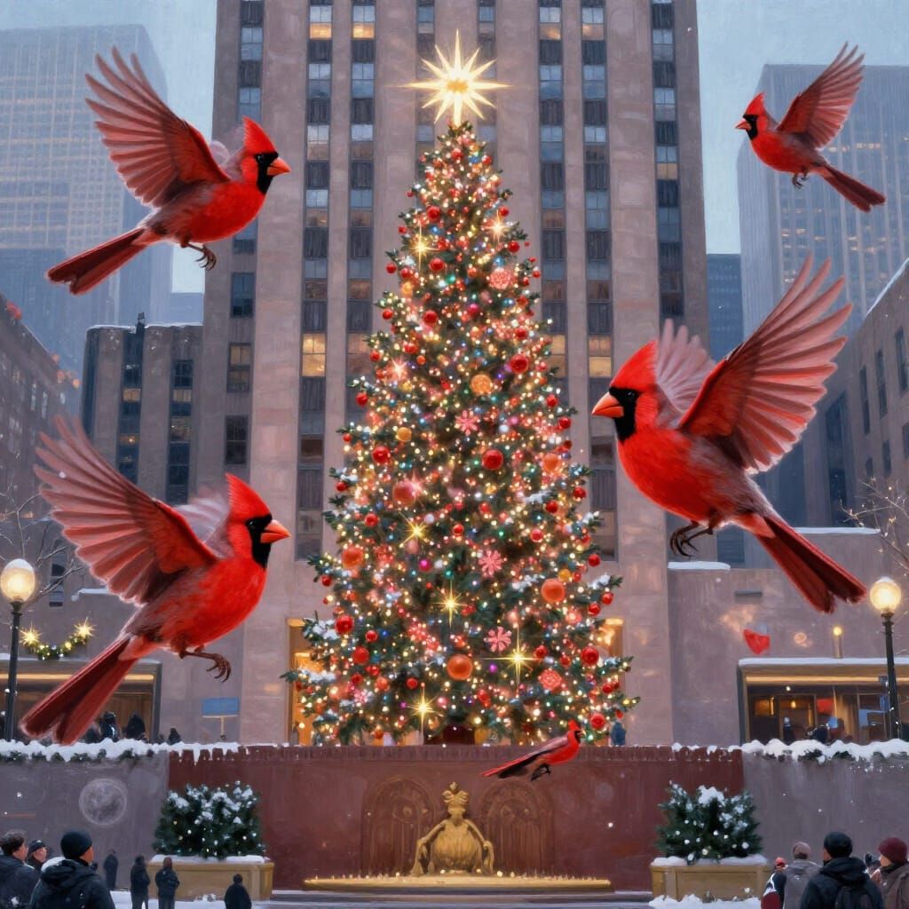 Red Cardinals Fly by Rockefeller Christmas Tree