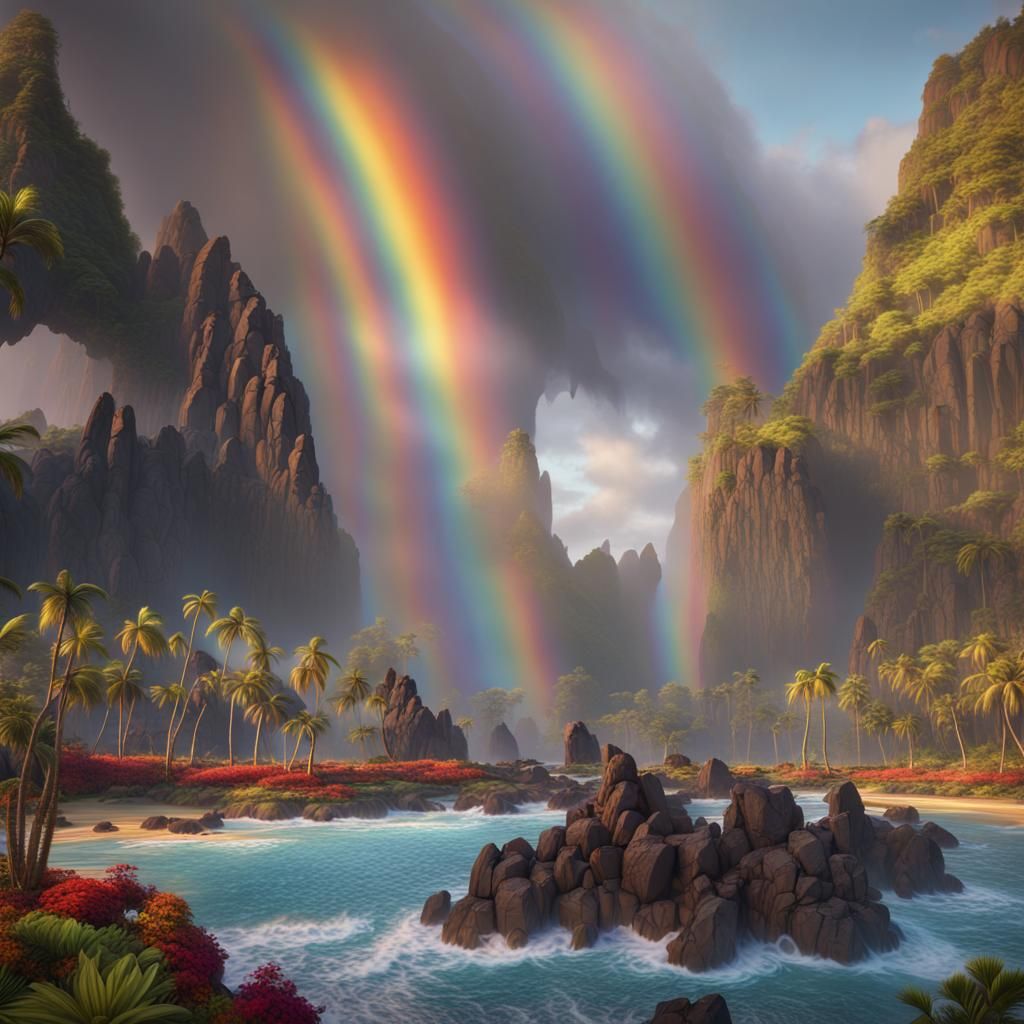 Rainbows Over Hawaii: Detailed Fantasy Landscape
