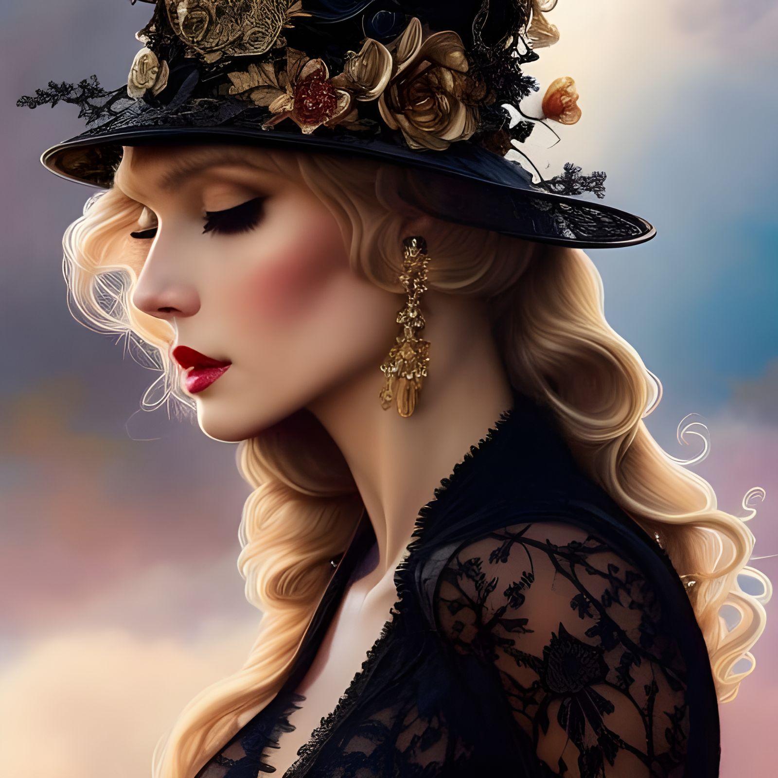 Gorgeous Blonde in Black Dress, Rococo Style