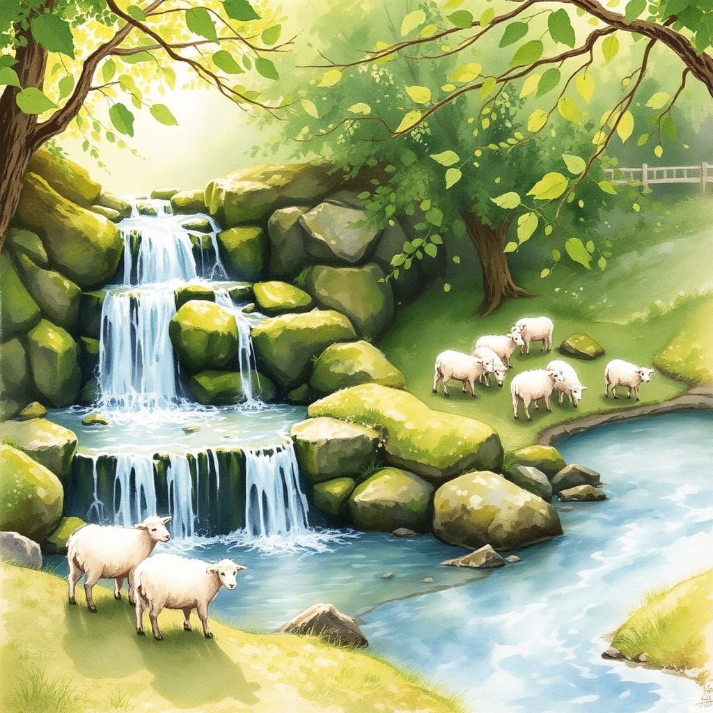 Whimsical Watercolour Waterfall Scene with Grazing Sheep