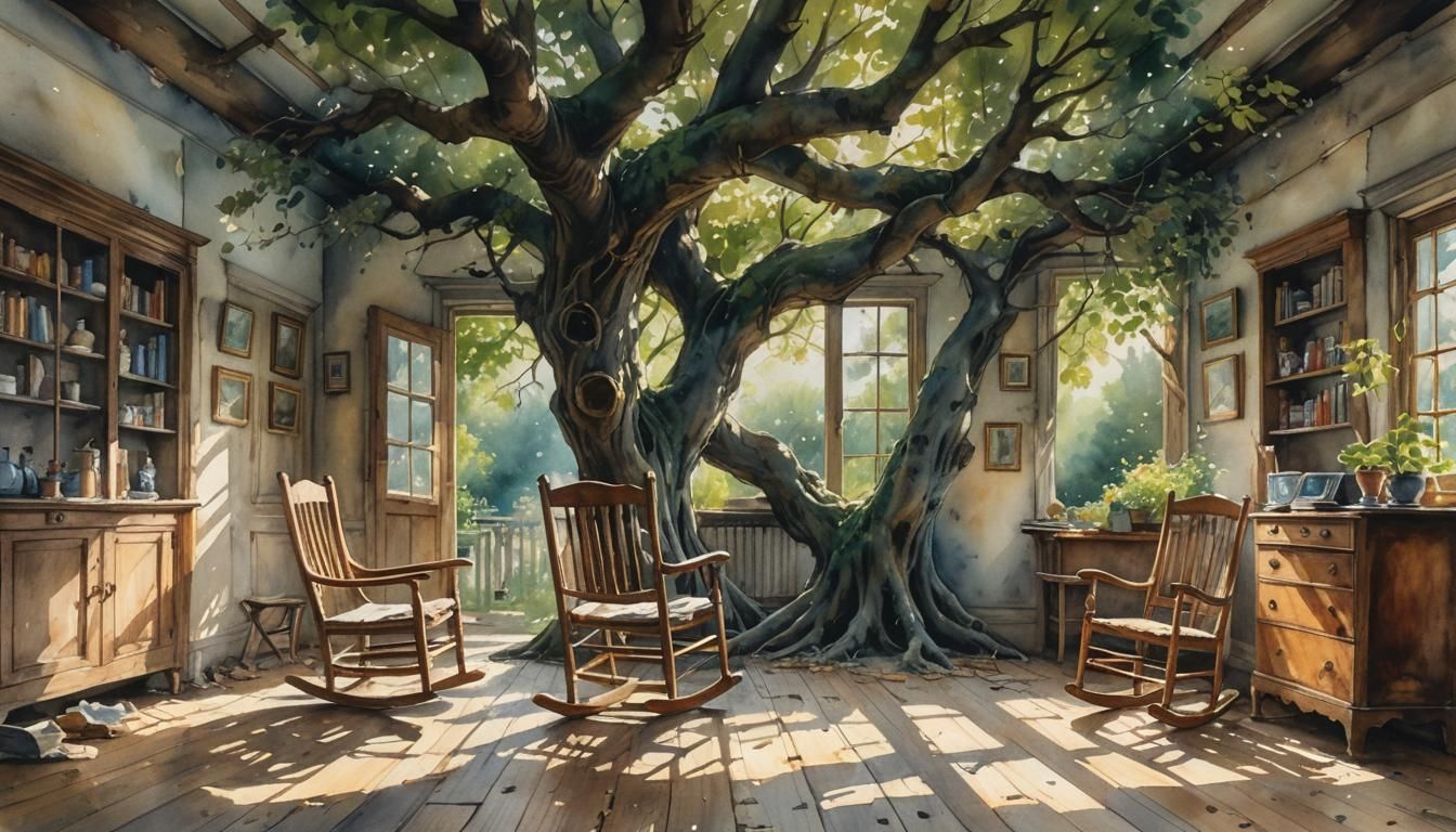 Tree Grows Through Abandoned Living Room, Watercolour Style