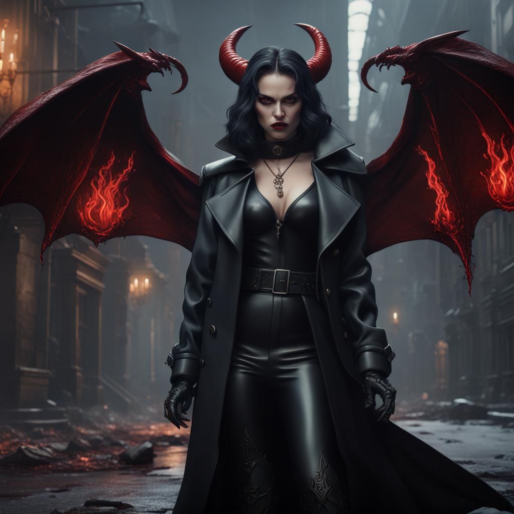 Gothic She-Devil in Black Trench Coat