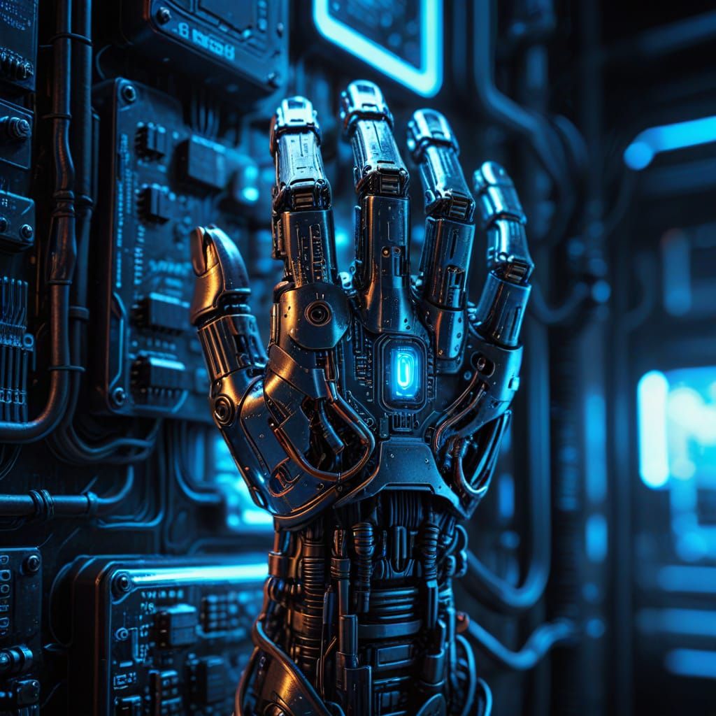 Gritty Cyberpunk Circuit Board in Neon Lit Urban Scene