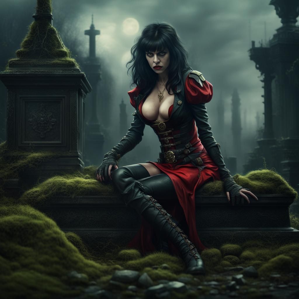 Steampunk Vampirella Crouches in a Cemetery