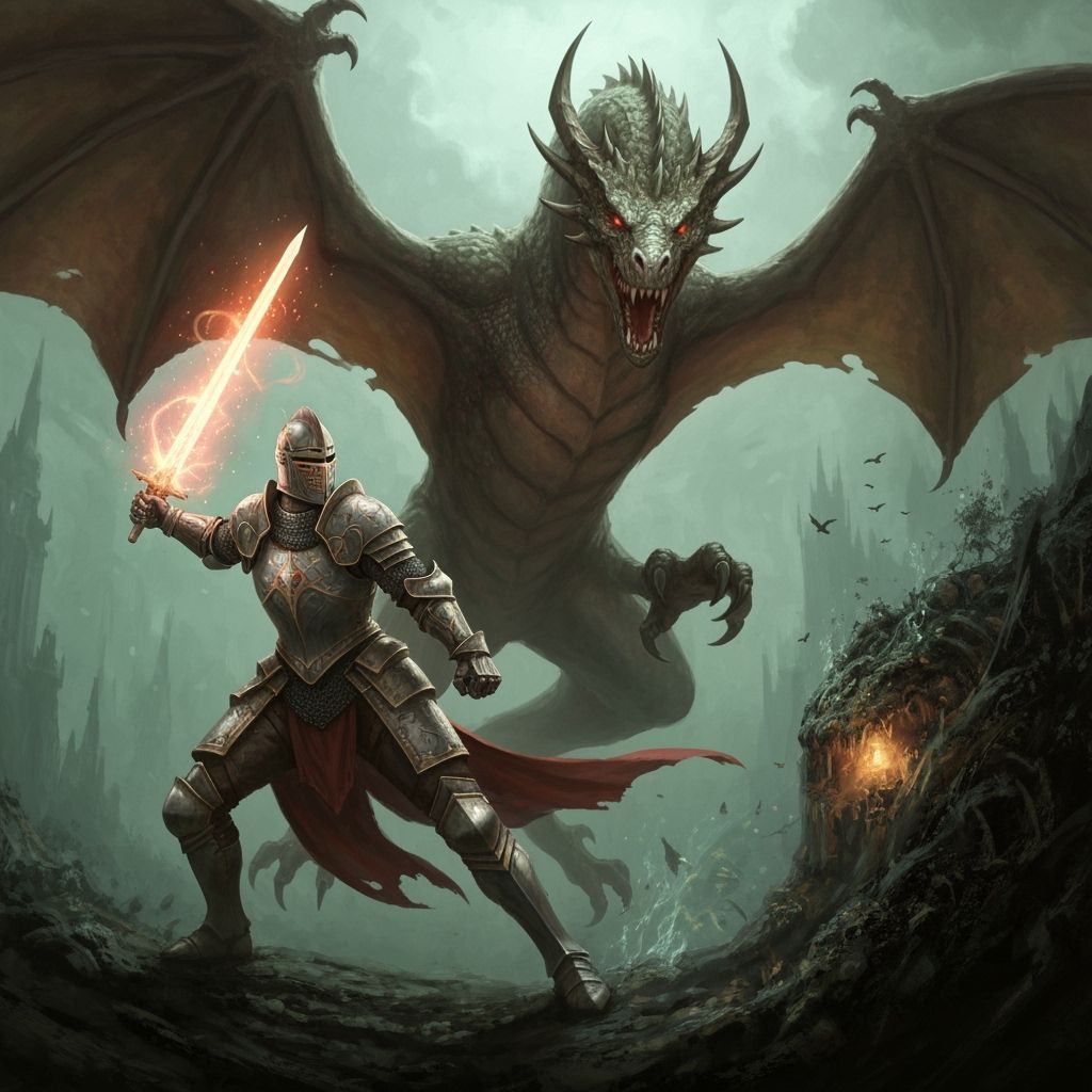 Knight Defeats Dragon in a Fantastical Realm