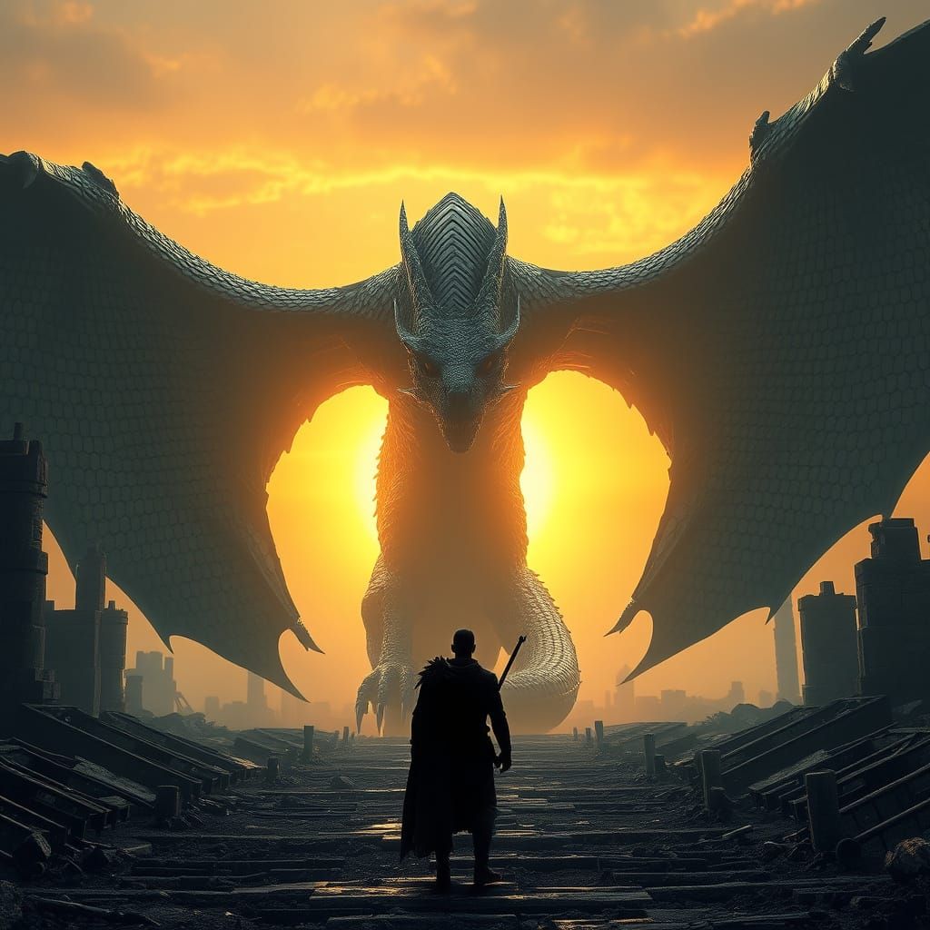 Ancient Dragon Looms Over Ruined Landscape in Hyperrealistic...