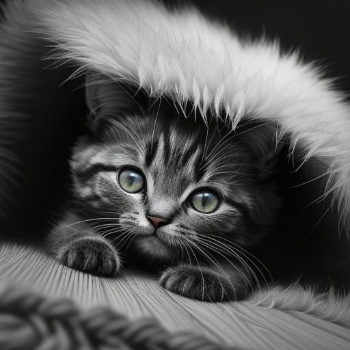 Cute Kitten Playing with Yarn in Detailed Charcoal Drawing