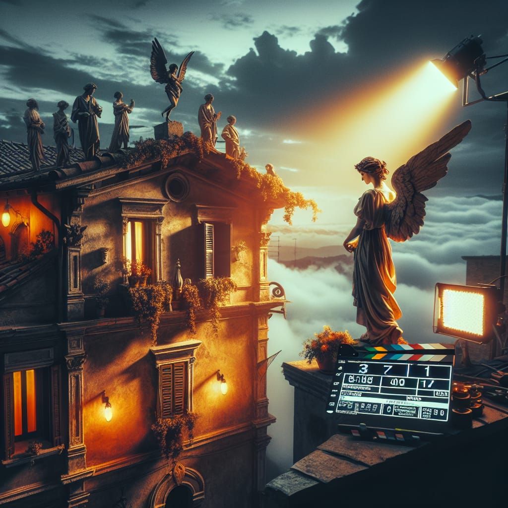 Italian Angel on Quaint Rooftop: Cinematic Still
