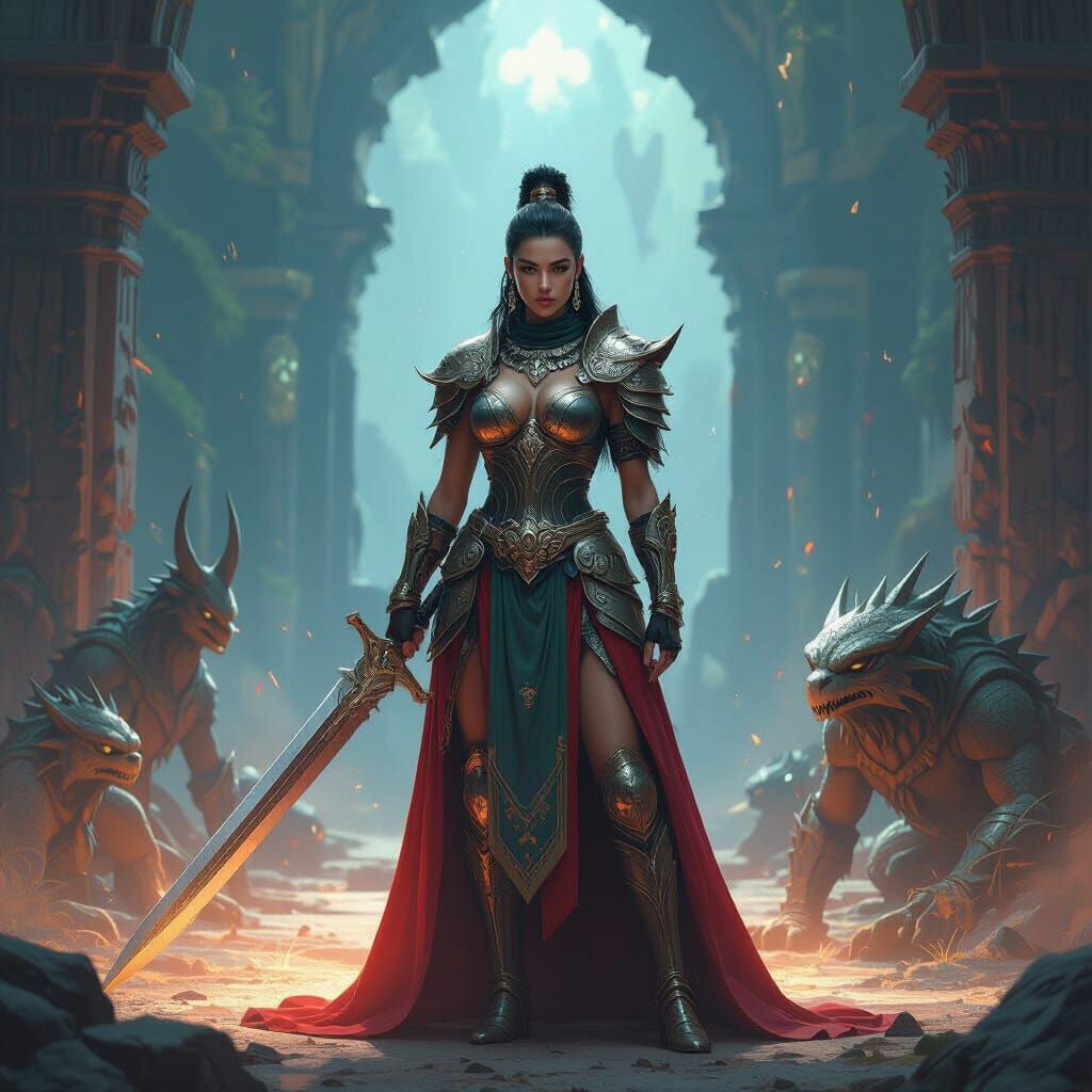 Warrior Queen in Mystical Realm, Digital Illustration