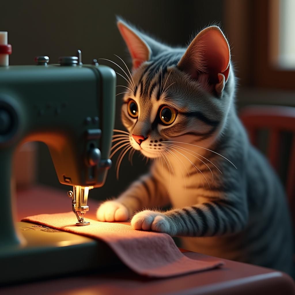 Cat at Sewing Machine: CGI Realism in 8K