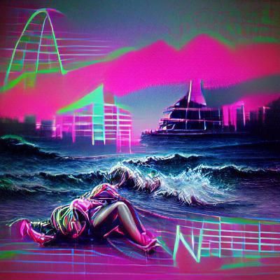 Synthwave Ocean Waves in Neon Retro Style