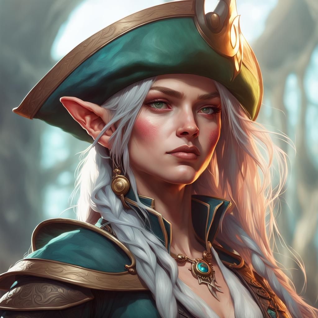 Detailed Elf Pirate Portrait in Art Nouveau Style