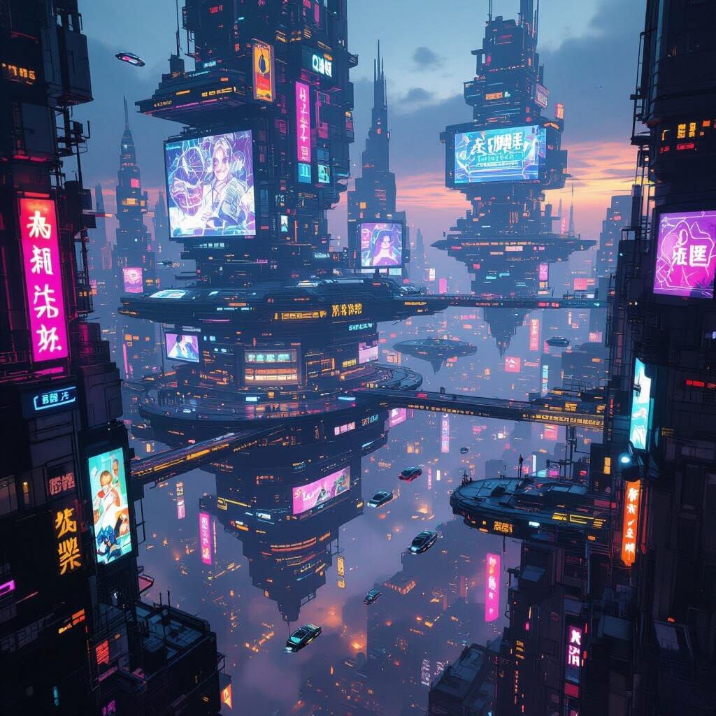 Cyberpunk Floating Islands Cityscape in Twilight