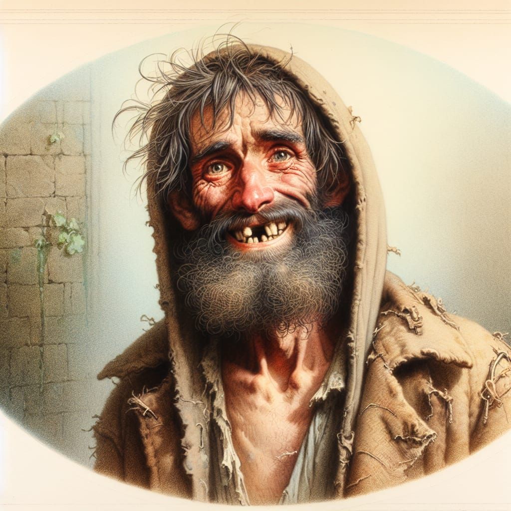 Homeless Man with Resilient Smile in Arts and Crafts Style