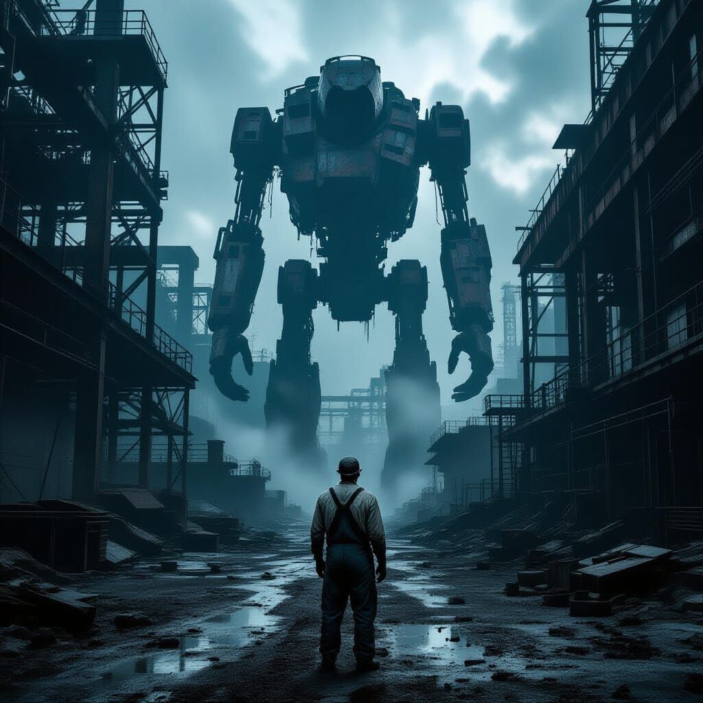 Weary Worker in Abandoned Industrial Ruins