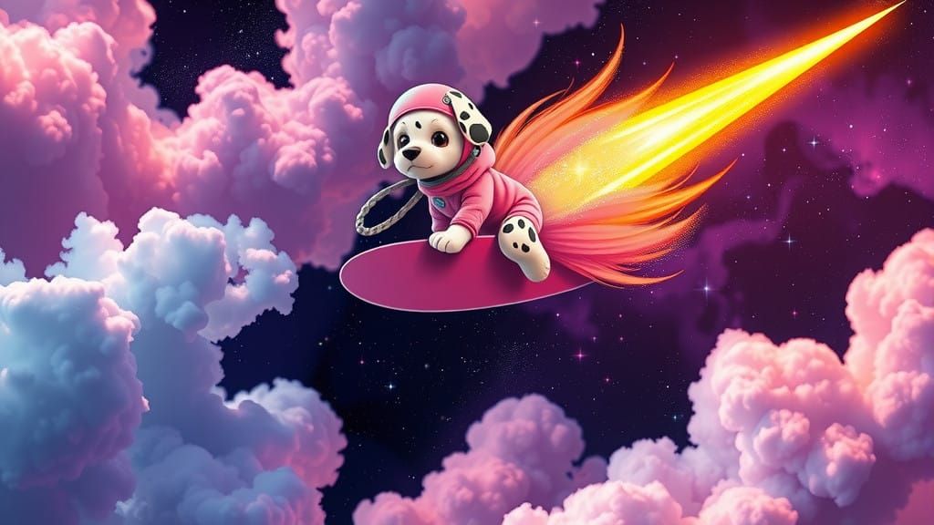 Kawaii Surfer Dalmatian Rides Golden Comet Tail