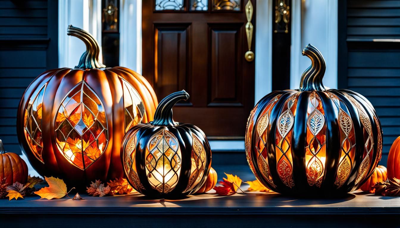 Ornate Glass Pumpkins on Autumn Porch