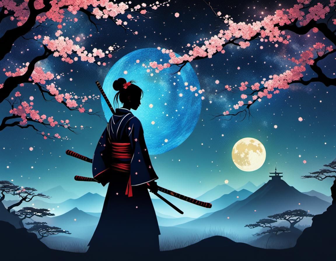 Sinister Fantasy Samurai Geisha in Starry Impressionism