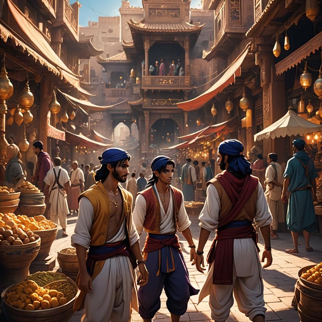 Aladdin and Abu in Vibrant Anime Marketplace