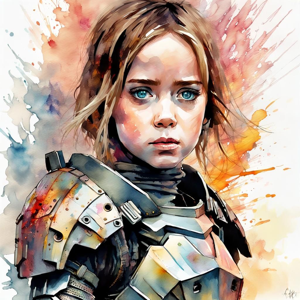 Chibi Emily Blunt in Edge of Tomorrow, Digital Watercolor