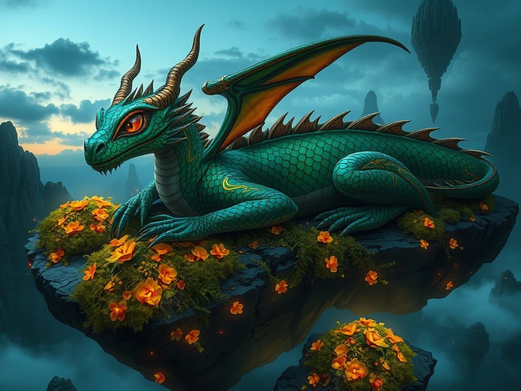 A stylized 3D digital illustration featuring a majestic and mystical dragon resting gracefully on a bed of floating rock...