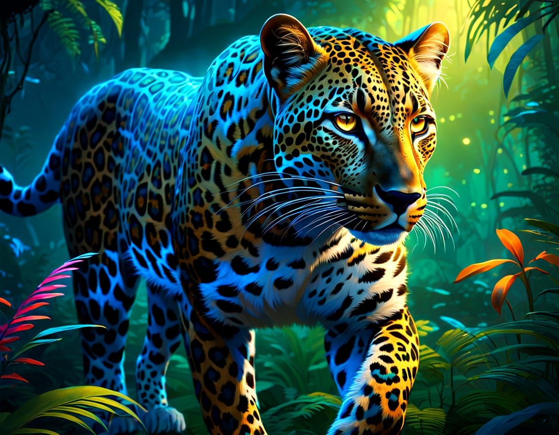 Majestic Leopard in Bioluminescent Jungle, Fantasy Art