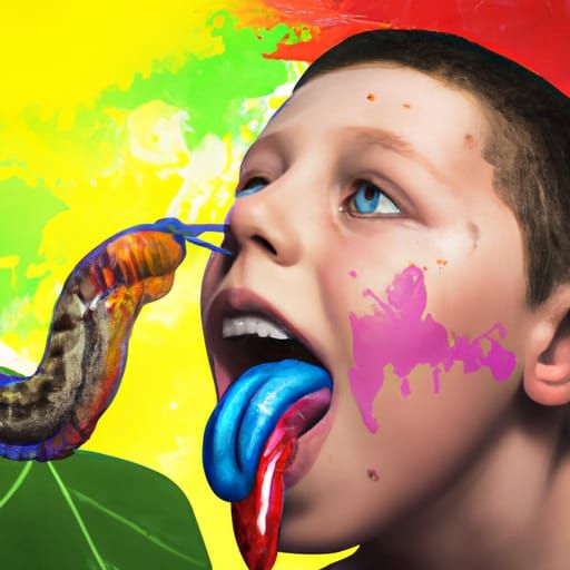 boy  with tongue out licking a slug