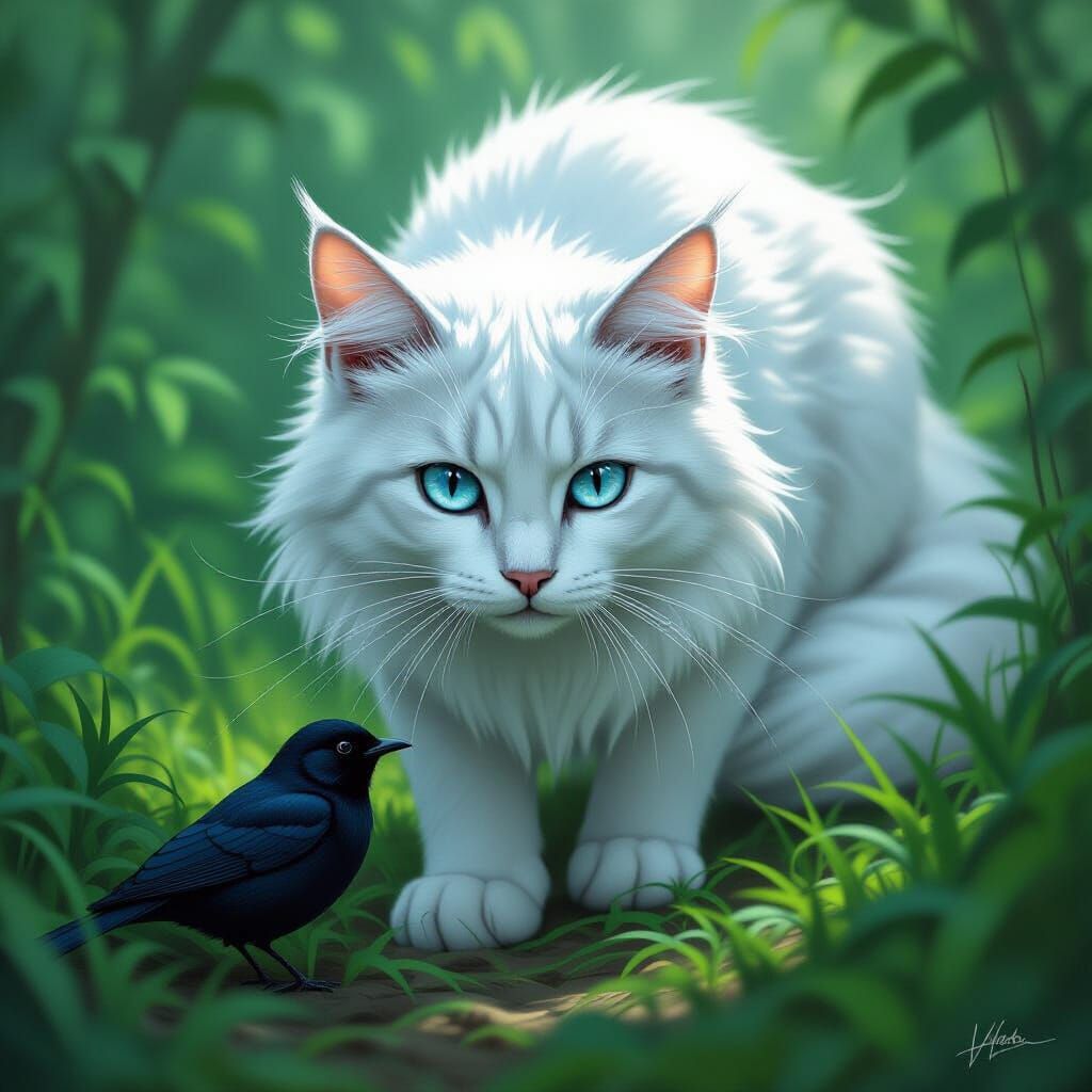 Warrior Cat Stalking Blackbird in Digital Painting Style